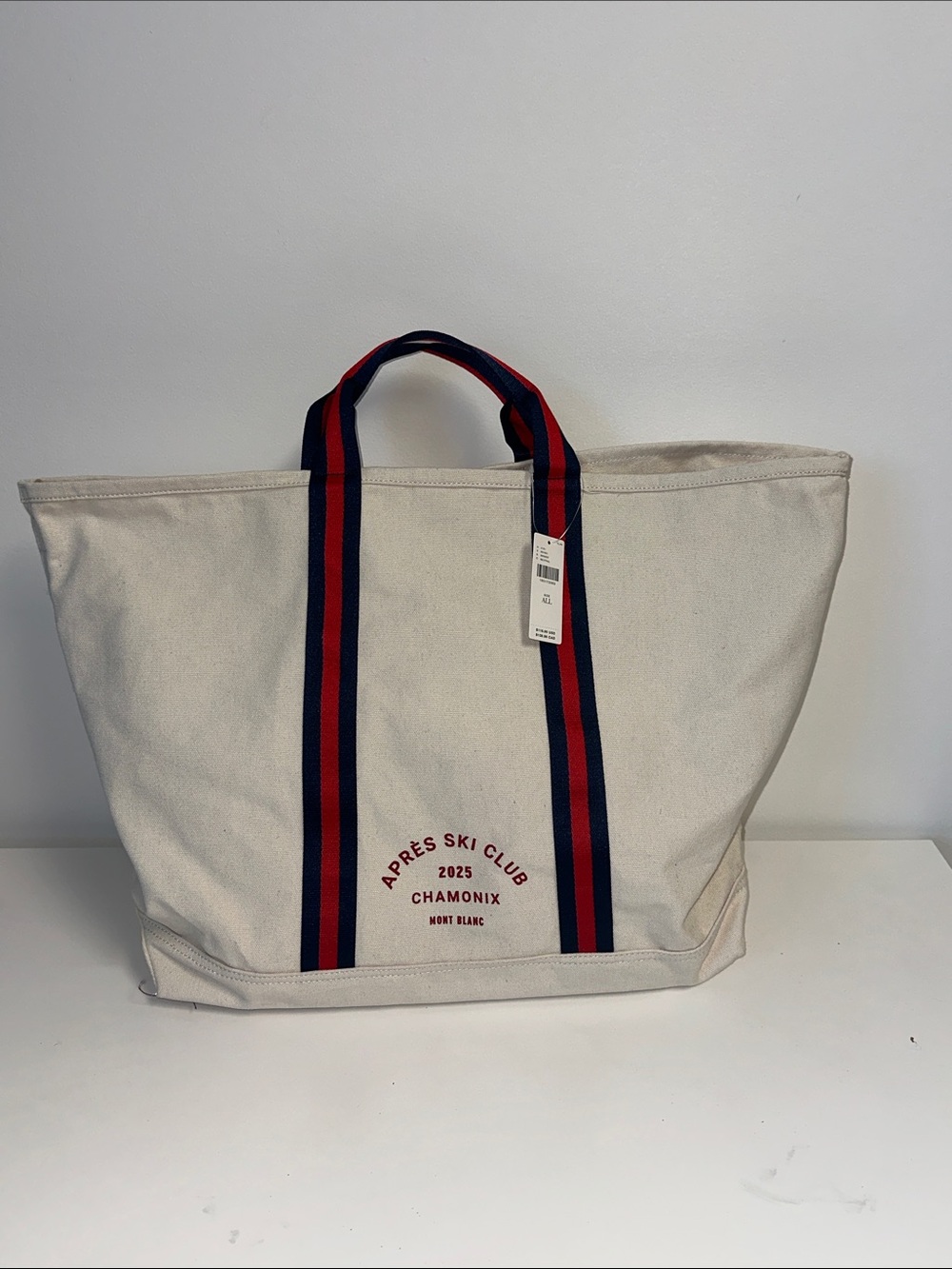 Anthropologie XLarge Canvas Tote Bag with Red & Navy Straps - Apres Ski Club NWT